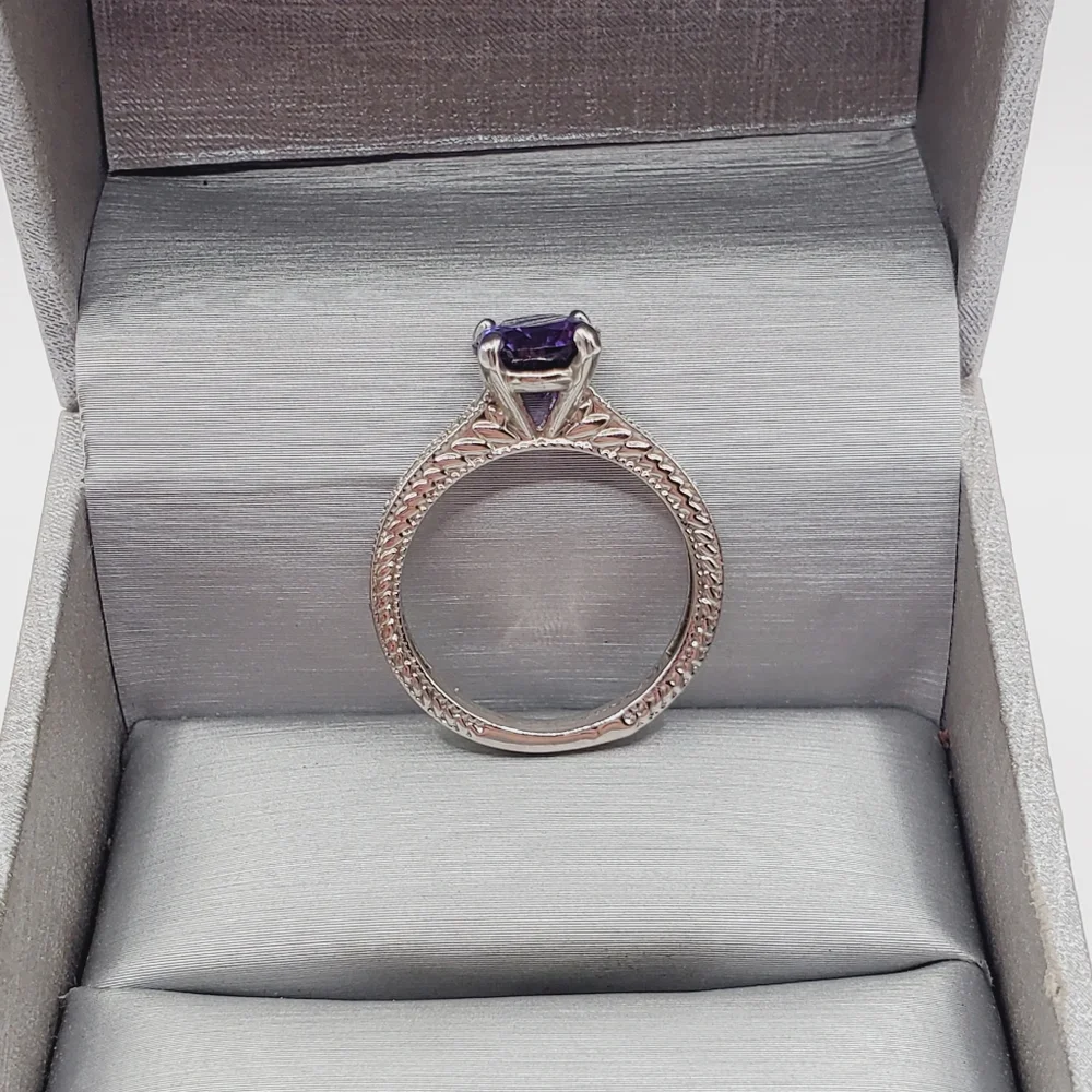 Round Amethyst Simulant Rhodium Plated Silver Tone Solitaire Ring